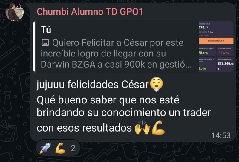 Mensaje de un alumno felicitando a César por el Darwin BZGA con casi 900k en gestión